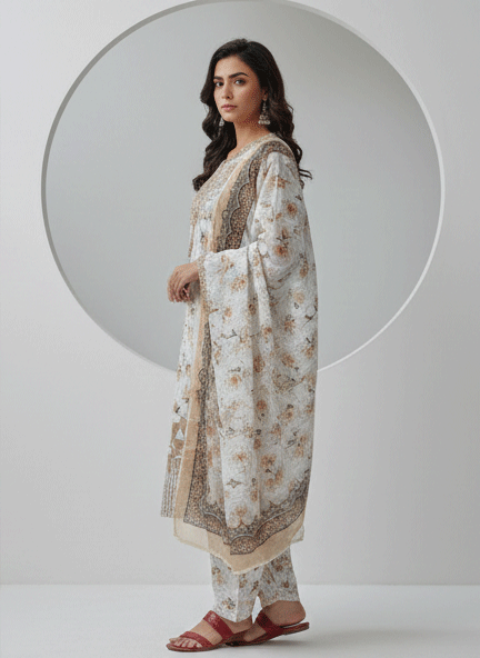3 Piece Cotton Suit White and Golden
