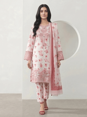 3 Piece Cotton Suit White and Pink