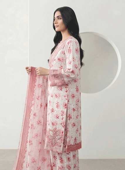 3 Piece Cotton Suit White and Pink